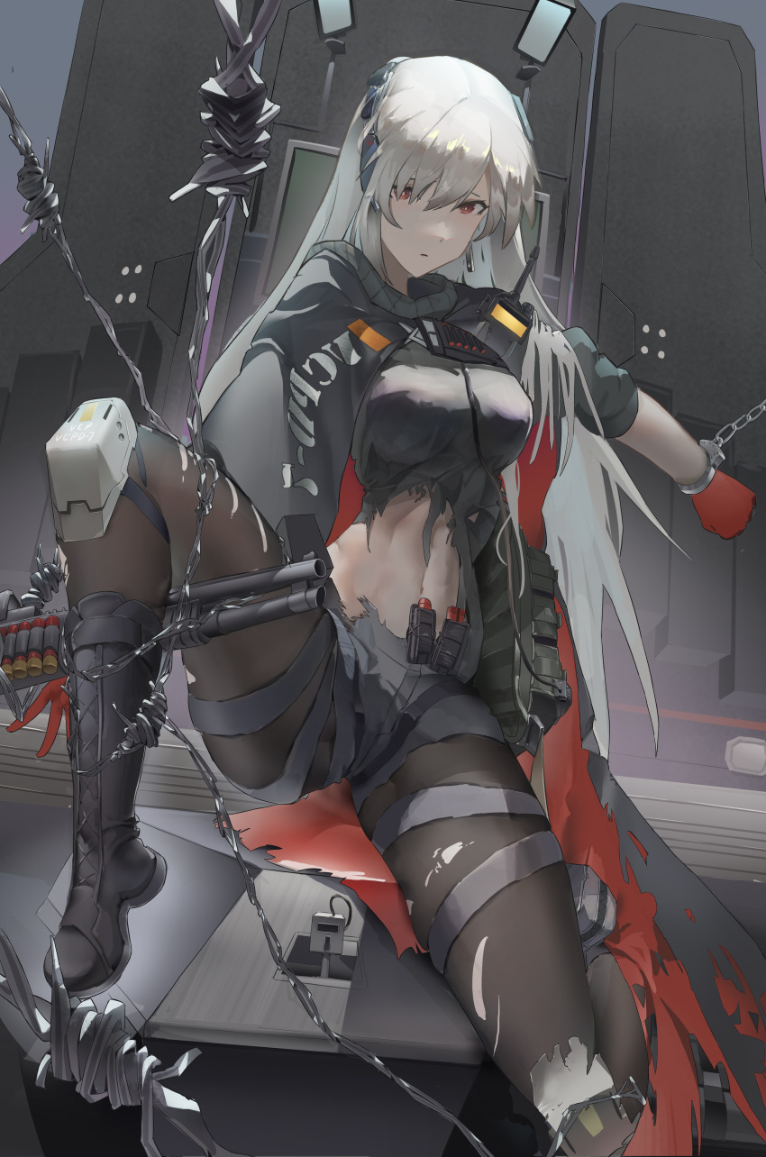 1girl absurdres bangs black_shirt boots breasts chinese_commentary closed_mouth commentary_request cuffs evelyn_(girls'_frontline_nc) full_body girls'_frontline_neural_cloud girls_frontline gloves grey_hair grey_shorts gun hair_between_eyes hair_over_one_eye highres knees large_breasts legs linea_alba long_hair looking_at_viewer midriff navel pantyhose red_eyes red_gloves restrained sail_(apha7775) serious shackles shirt shorts shotgun shotgun_shell sitting solo spread_legs swept_bangs thighs torn_clothes torn_legwear torn_shirt weapon