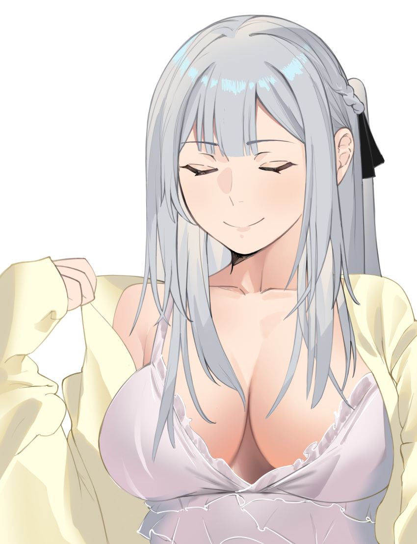1girl absurdres ak-12_(girls'_frontline) bangs black_ribbon braid breasts closed_eyes closed_mouth collarbone english_commentary eyebrows_visible_through_hair girls_frontline grey_hair hair_ribbon highres long_hair medium_breasts nightgown open_clothes open_robe ribbon robe side_braid smile solo talnory upper_body white_background white_nightgown yellow_robe