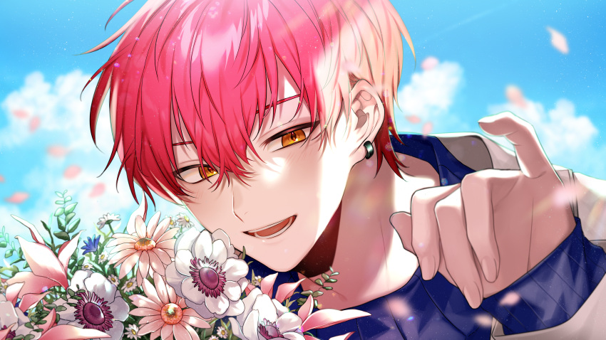 1boy absurdres bangs blue_sweater brown_eyes chanms clouds cpt_(crazy_raccoon) crazy_raccoon flower grey_jacket hair_behind_ear hair_between_eyes highres jacket male_focus open_mouth portrait redhead ribbed_sweater sky sleeves_past_wrists smile solo sweater white_flower