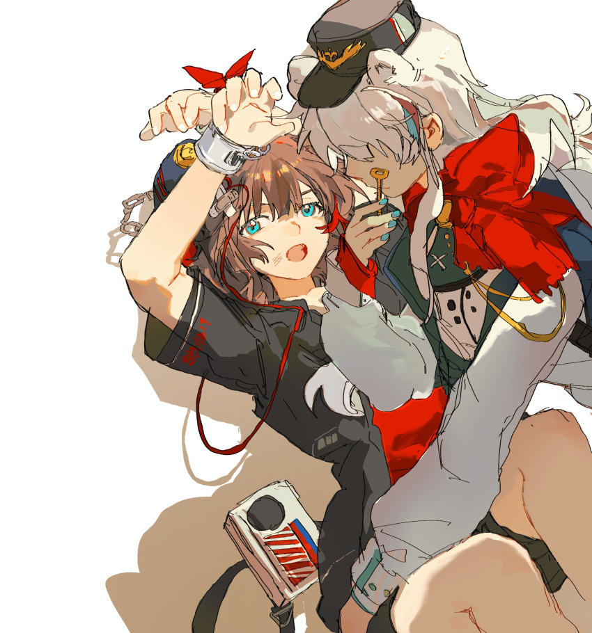2girls :o animal_ears arknights bear_ears black_jacket black_shorts blue_eyes blue_hair blue_headwear blue_nails bow brown_hair bruise cloudyooooo coat cuffs hat highres holding holding_key injury jacket key knees_up long_sleeves looking_at_viewer lying multicolored_hair multiple_girls official_alternate_costume on_back open_clothes open_jacket red_bow red_shirt redhead rosa_(arknights) shackles shirt short_sleeves shorts simple_background sketch streaked_hair ursus_empire_logo white_background white_coat white_hair yuri zima_(arknights) zima_(ursusio79)_(arknights)