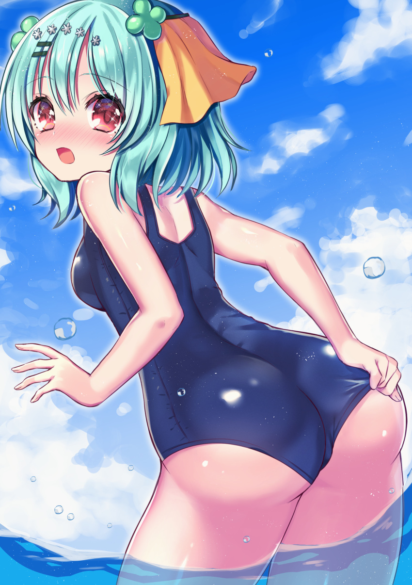 1girl absurdres ass bangs blue_hair blush breasts clover_hair_ornament commission eyebrows_visible_through_hair flower flustered from_behind hair_flower hair_ornament hairclip hand_on_own_ass hand_up highres hinao looking_back medium_breasts medium_hair ocean one-piece_swimsuit open_mouth original partially_submerged partially_underwater_shot red_eyes skeb_commission sky solo swimsuit swimsuit_tug thighs water_drop wet