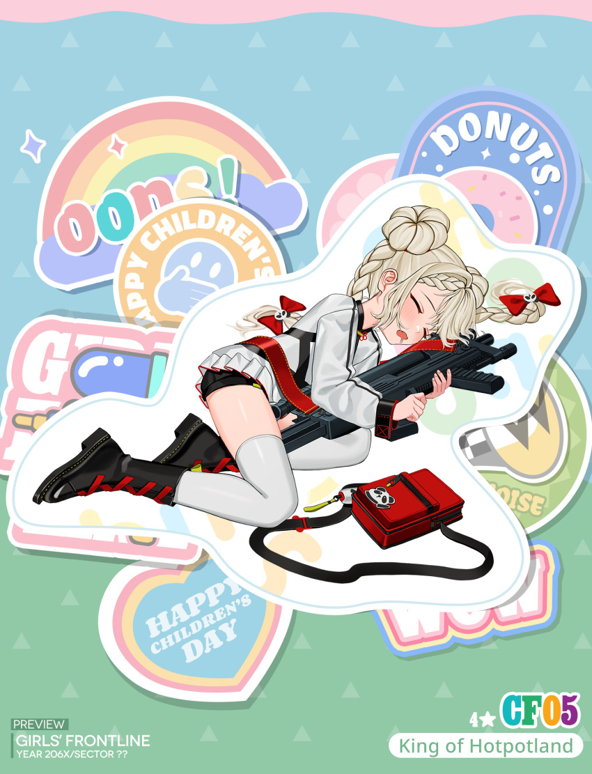 1girl bangs black_footwear black_shorts blonde_hair blush boots bow braid braided_bun cf-05 cf05_(girls'_frontline) cf05_(king_of_hotpotland)_(girls'_frontline) character_name closed_eyes copyright_name double_bun english_commentary english_text eyebrows_visible_through_hair full_body girls_frontline gun hair_bow hair_ribbon highres holding holding_gun holding_weapon jacket long_hair long_sleeves luicent lying official_alternate_costume official_art on_side open_mouth promotional_art red_bag red_bow red_ribbon ribbon saliva shorts sleeping solo submachine_gun thigh-highs twin_braids weapon white_jacket white_legwear younger