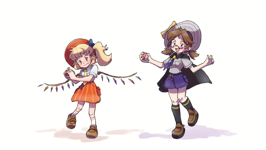 2girls absurdres bangs black_cape black_legwear blue_necktie blue_ribbon blue_shorts blush brown_eyes brown_footwear cape closed_mouth cosplay english_commentary fang female_protagonist_(pokemon_sv) female_protagonist_(pokemon_sv)_(cosplay) full_body hair_ribbon hat hat_ribbon highres holding holding_poke_ball low_twintails male_protagonist_(pokemon_sv) male_protagonist_(pokemon_sv)_(cosplay) medium_hair molly_yancey multiple_girls necktie official_style open_mouth orange_eyes orange_headwear orange_skirt poke_ball pokemon pokemon_(game) pokemon_sv remilia_scarlet ribbon shirt shoes shorts side_ponytail simple_background skirt socks standing standing_on_one_leg touhou twintails usami_sumireko white_background white_headwear white_legwear white_shirt wing_collar yellow_necktie yellow_ribbon