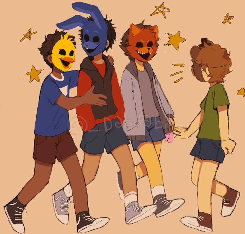 4boys black_hair brown_hair character_mask crying_child's_brother_(fnaf) dabi_bill five_nights_at_freddy's five_nights_at_freddy's_4 hands_in_pockets highres hood hoodie mask michael_afton multiple_boys short_hair shorts vest younger