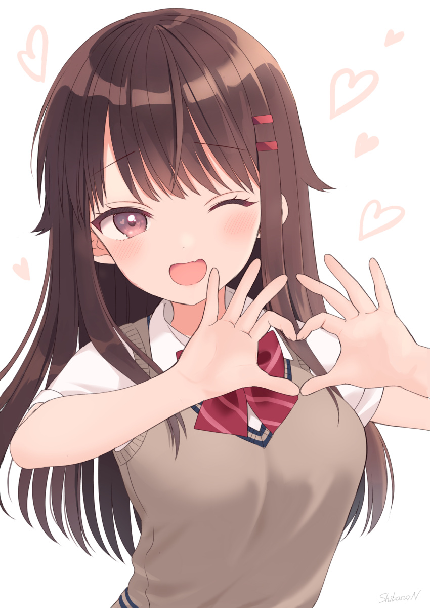 1girl bangs blush bow bowtie breasts brown_eyes brown_hair collared_shirt fang hair_flaps hair_ornament hairclip heart heart_hands highres long_hair looking_at_viewer medium_breasts one_eye_closed open_mouth original school_uniform shirt short_sleeves sidelocks signature simple_background skin_fang smile solo sweater_vest swept_bangs tsurime uniform upper_body uramakaron white_shirt