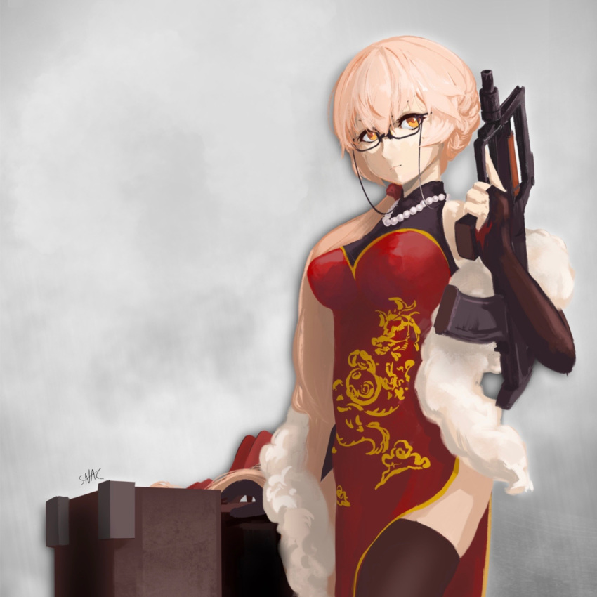 1girl alternate_costume artist_name bangs black_legwear blonde_hair braid breasts china_dress chinese_clothes closed_mouth dress english_commentary eyebrows_visible_through_hair feather_boa feet_out_of_frame girls_frontline glasses gun hair_ornament highres holding holding_gun holding_weapon jewelry long_hair looking_at_viewer medium_breasts necklace ots-14 ots-14_(girls'_frontline) red_dress simple_background sna_cloud solo standing thigh-highs very_long_hair weapon yellow_eyes