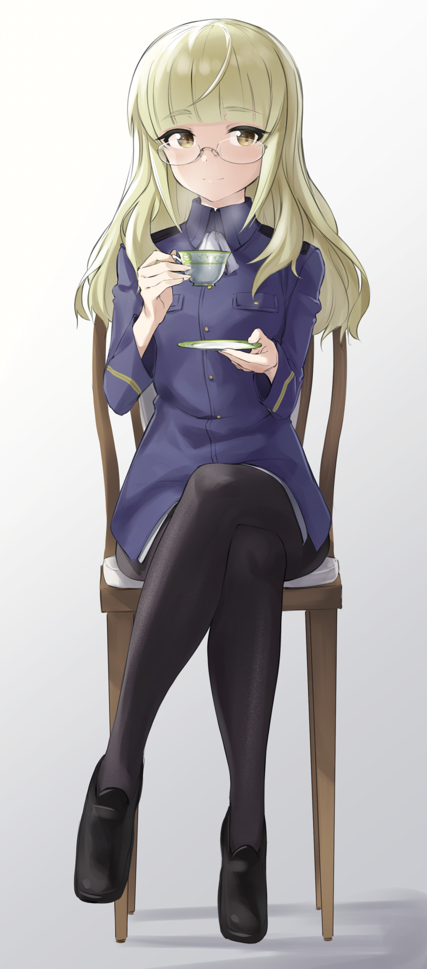 1girl absurdres ascot black_footwear black_legwear blonde_hair blue_jacket commentary crossed_legs cup eyebrows_visible_through_hair fankupl glasses highres jacket light_smile long_hair looking_at_viewer pantyhose perrine_h._clostermann saucer semi-rimless_eyewear smile solo steam strike_witches teacup under-rim_eyewear uniform white_background wooden_chair world_witches_series yellow_eyes
