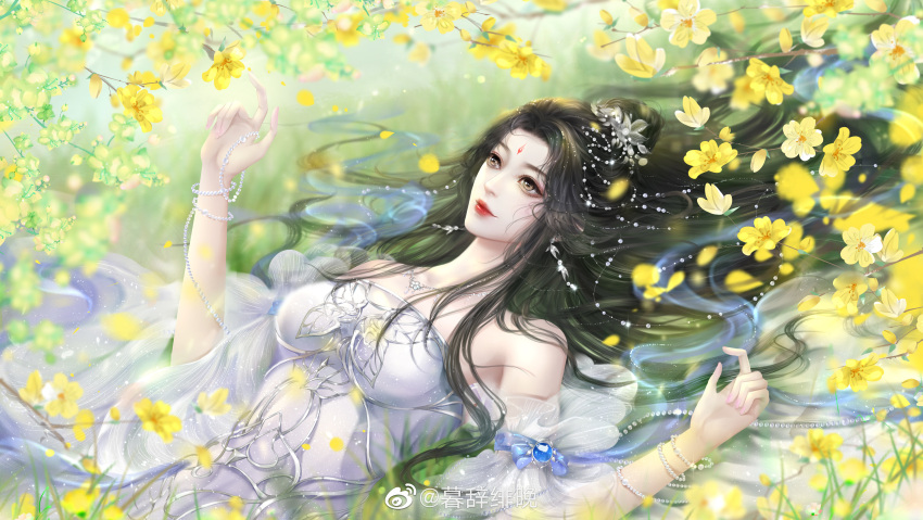 1girl absurdres bare_shoulders bead_bracelet beads bracelet brown_hair chinese_clothes dress earrings flower hair_bun hair_ornament highres jewelry long_hair looking_up lu_xueqi_(zhu_xian) lying messy_hair mucifei_wan necklace on_back upper_body white_dress zhu_xian