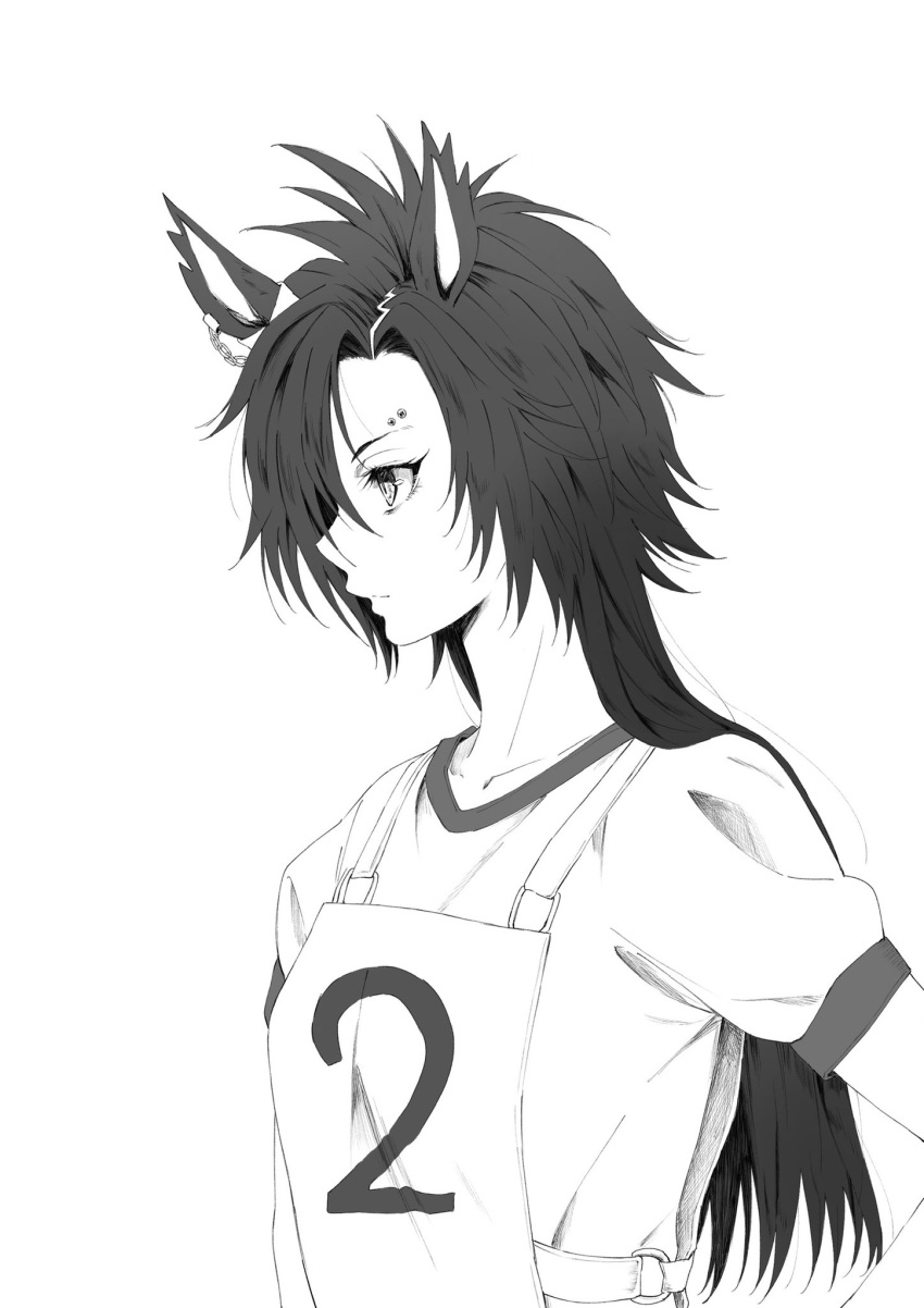 1girl air_shakur_(umamusume) animal_ears closed_mouth clothes_lift collarbone eyebrow_piercing greyscale highres horse_ears long_hair looking_afar monochrome parted_lips piercing race_bib sakuramochi_sei shirt_lift short_sleeves solo umamusume upper_body