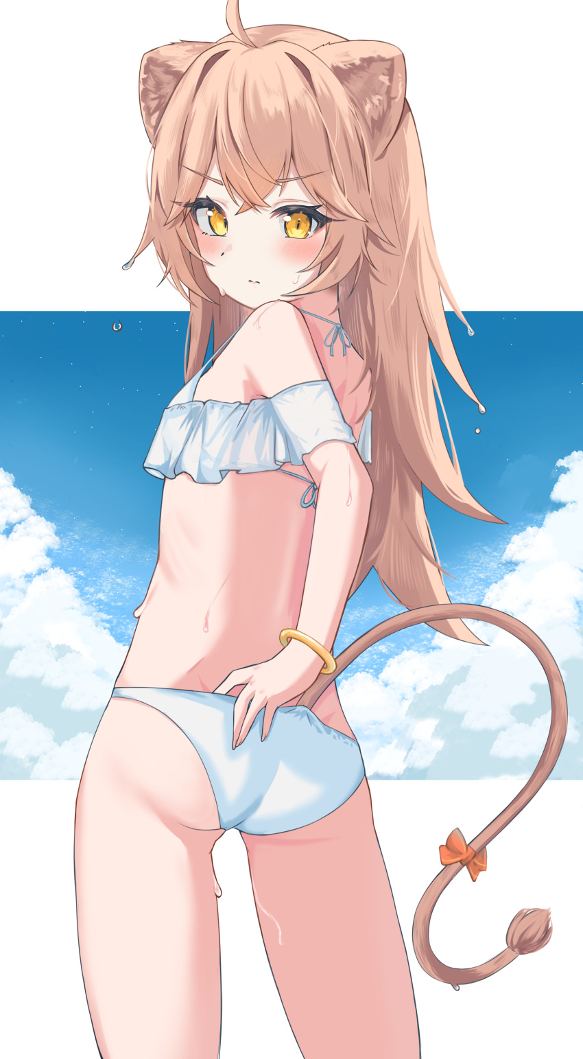 1girl absurdres adjusting_clothes ahoge animal_ears ass bangs bikini blue_sky blush bow bracelet breasts brown_hair closed_mouth clouds cloudy_sky commentary_request crossed_bangs eyebrows_visible_through_hair eyelashes feet_out_of_frame frilled_bikini frills from_behind highres indie_virtual_youtuber jewelry lion_ears lion_girl lion_tail long_hair looking_back rurudo_lion sidelocks sky small_breasts standing swimsuit tail tail_bow tail_ornament thighs virtual_youtuber white_bikini yellow_eyes youyoukai