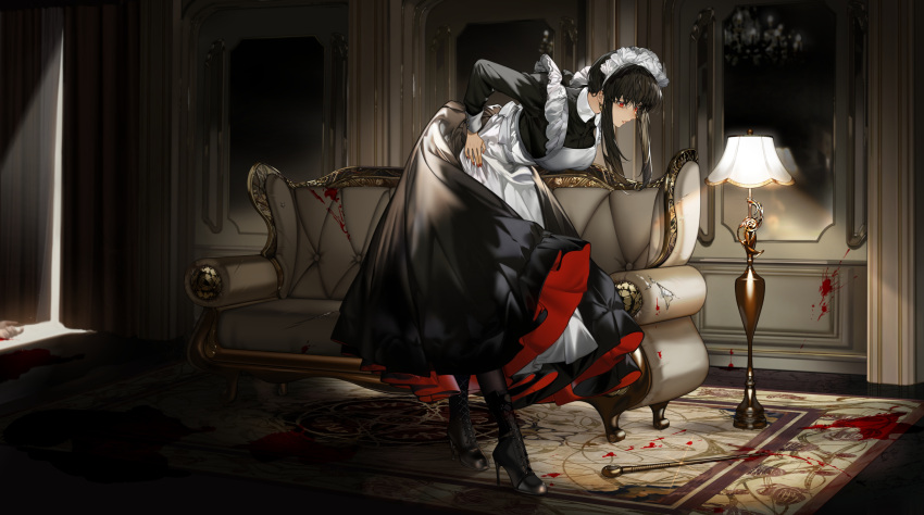 1girl absurdres alternate_costume apron arlizi bent_over black_dress black_hair blood blood_on_wall blood_on_weapon blood_splatter boots breasts carpet chandelier couch curtains dagger dress enmaided frilled_dress frills full_body glint hand_on_hip high_heel_boots high_heels highres implied_murder knife lamp large_breasts lips long_hair maid maid_apron maid_headdress mirror parted_lips red_eyes red_nails sidelocks solo spy_x_family standing weapon weapon_on_floor yor_briar