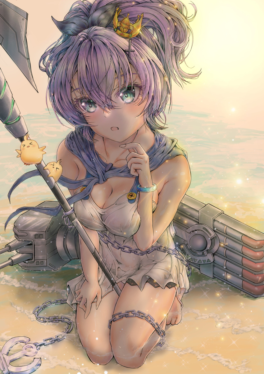 1girl absurdres azur_lane barefoot beach bracelet breasts commander_kei crown full_body highres javelin_(azur_lane) jewelry manjuu_(azur_lane) mini_crown polearm purple_hair rigging shallow_water spear water weapon