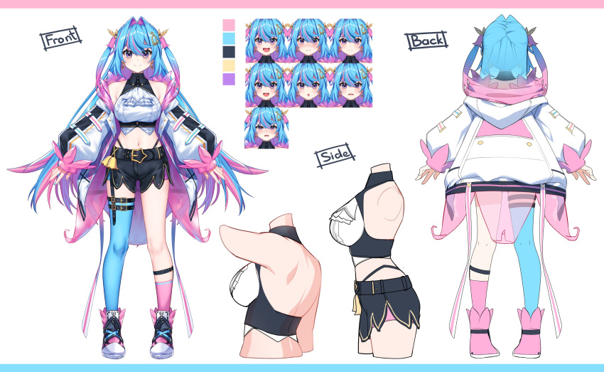 1girl absurdres bangs blue_hair breasts character_sheet closed_mouth collared_shirt from_behind gendo0032 gradient_hair hair_between_eyes hair_intakes highres large_breasts long_hair long_sleeves misora_kanon multicolored_hair nijigen_project open_mouth pink_hair puffy_long_sleeves puffy_sleeves shirt shorts single_thighhigh thigh-highs two-tone_hair two_side_up violet_eyes virtual_youtuber