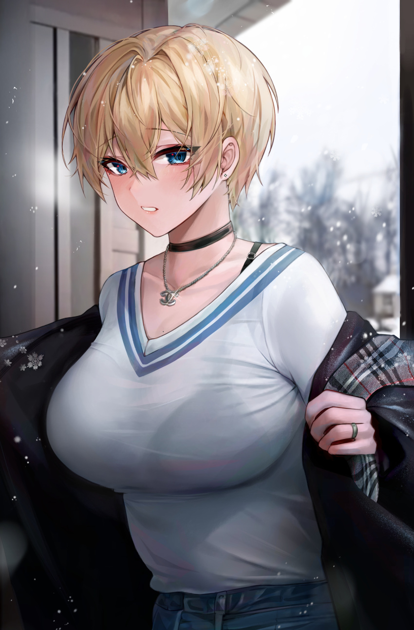 1girl absurdres bangs black_bra black_choker blonde_hair blush bra bra_visible_through_clothes breasts choker girls_frontline hair_between_eyes highres jewelry large_breasts looking_at_viewer necklace parted_lips polla ring shirt shirt_tucked_in short_hair snow solo symbol-only_commentary underwear vsk-94_(girls'_frontline) white_shirt