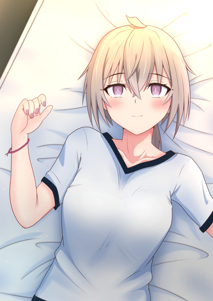 1girl absurdres bangs bed blush bracelet breasts collarbone cowlick girls_frontline gotoo grey_hair hair_between_eyes highres jewelry light_smile looking_at_viewer low_ponytail lying m200_(girls'_frontline) nail_polish on_back on_bed pink_eyes shirt short_sleeves sidelocks small_breasts solo sunlight t-shirt upper_body white_shirt