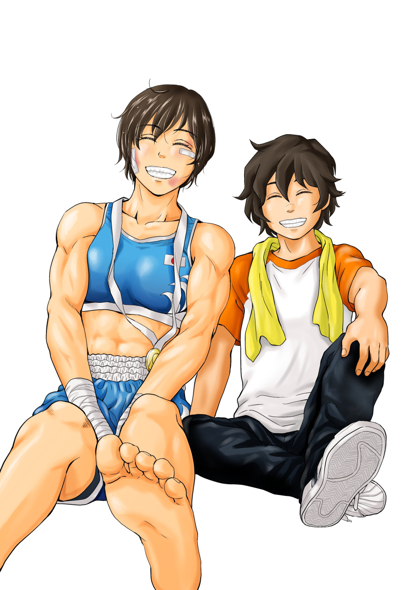 1boy 1girl abs absurdres adidas_superstar arm_wrap bandaid bandaid_on_cheek bandaid_on_face bare_arms bare_shoulders black_pants blue_shorts blue_sports_bra boxing_shorts brown_hair bruise bruise_on_face character_request clenched_teeth closed_eyes collarbone eyebrows_visible_through_hair feet grin hair_between_eyes happy highres injury medal mizuguchi_naoki muscular muscular_female pants saotome_senshu_hita_kakusu saotome_yae shirt shoes short_hair shorts simple_background smile sneakers soles sports_bra t-shirt teeth toes tomboy towel towel_around_neck v_arms very_short_hair white_background white_footwear