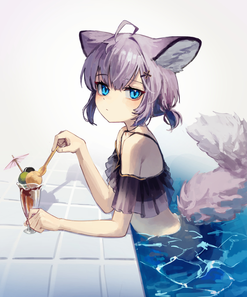 1girl absurdres ahoge animal_ear_fluff animal_ears arknights bangs bare_shoulders bikini black_bikini blue_eyes closed_mouth cocktail_umbrella commentary_request eyebrows_visible_through_hair food grey_background hair_between_eyes highres holding holding_spoon ice_cream looking_at_viewer looking_to_the_side purple_hair solo spoon sussurro_(arknights) sussurro_(summer_flowers)_(arknights) swimsuit tail yoon_cook