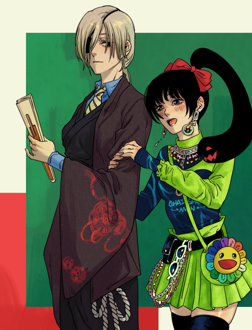 2girls bag belt belt_chain black_hair chainsaw_man coat dress eyepatch flower formal green_dress grey_hair hand_fan handbag happy highres holding holding_another's_arm holding_fan living_hair long_hair long_sleeves looking_at_another medium_hair moroboshi_minami multiple_girls necktie open_mouth pingtsi_(chainsaw_man) ponytail pouch quanxi_(chainsaw_man) red_ribbon ribbon rope standing striped suit sunglasses thigh-highs yellow_necktie