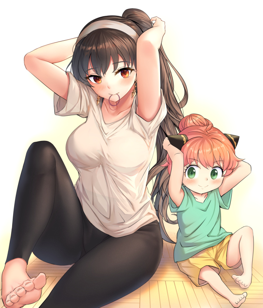 2girls armpits arms_behind_head arms_up bangs barefoot black_hair black_pants blush breasts child closed_mouth collarbone covered_navel earrings eyebrows_visible_through_hair gold_earrings green_eyes green_shirt hair_bun hair_tie hair_tie_in_mouth hairband highres horn_ornament horns jewelry knee_up large_breasts long_hair looking_at_viewer mother_and_daughter mouth_hold multiple_girls on_floor pants pink_hair ponytail red_eyes shirt shorts sitting smile spy_x_family t-shirt tying_hair white_hairband white_shirt yellow_shorts yoga_pants yor_briar yougen_kitsune