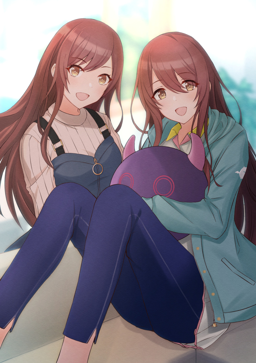 2girls alstroemeria_(idolmaster) bangs blue_jacket blush breasts brown_hair commentary cowboy_shot denim doll_hug eyebrows_visible_through_hair hair_between_eyes highres idolmaster idolmaster_shiny_colors jacket jeans long_hair looking_at_viewer medium_breasts multiple_girls noro_(akatuki_1110) object_hug oosaki_amana oosaki_tenka open_mouth overalls pants shirt siblings sisters sitting smile stuffed_toy sweater twins white_shirt white_sweater yellow_eyes
