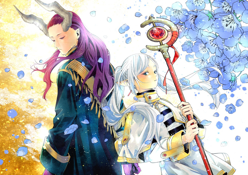1boy 1girl abe_tsukasa aura back-to-back bags_under_eyes black_coat black_legwear blue_eyes blue_flower capelet coat demon_boy dutch_angle earrings elf floating_hair flower frieren hair_over_shoulder hair_slicked_back half-closed_eyes height_difference highres holding holding_staff horns jacket jewelry long_hair long_sleeves looking_at_viewer looking_away looking_to_the_side macht_(sousou_no_frieren) pantyhose parted_lips petals pointy_ears purple_hair second-party_source shirt sideways_glance skirt skirt_set sousou_no_frieren staff striped striped_shirt tassel twintails violet_eyes white_background white_capelet white_hair white_jacket white_skirt