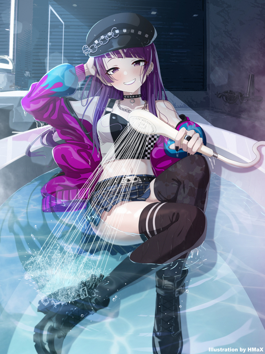 1girl absurdres artist_name bangs bare_shoulders bathroom bathtub belt belt_buckle black_belt black_collar black_footwear black_headwear black_legwear blue_skirt blush boots buckle chain chain_necklace collar crop_top diagonal_bangs ear_piercing grin hand_on_own_head hat highres hmax idolmaster idolmaster_shiny_colors jacket long_hair looking_at_viewer midriff miniskirt navel night off_shoulder open_clothes open_jacket partially_submerged peaked_cap piercing plaid plaid_skirt pleated_skirt purple_hair purple_jacket see-through skirt smile solo tanaka_mamimi tank_top thigh-highs thighs violet_eyes water wet wet_clothes wet_hair