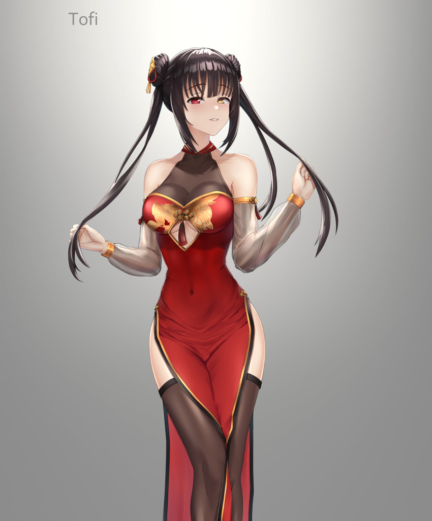 1girl alternate_costume artist_name bangs bare_shoulders black_legwear blunt_bangs breasts china_dress chinese_clothes clock_eyes clothing_cutout covered_navel date_a_live detached_sleeves double_bun dress eyebrows_visible_through_hair gradient gradient_background grey_background hair_ornament hands_up heterochromia highres large_breasts long_hair looking_at_viewer parted_lips red_dress red_eyes see-through see-through_sleeves side_slit solo symbol-shaped_pupils taut_clothes taut_dress thigh-highs thighs tofi tokisaki_kurumi twintails underboob_cutout yellow_eyes