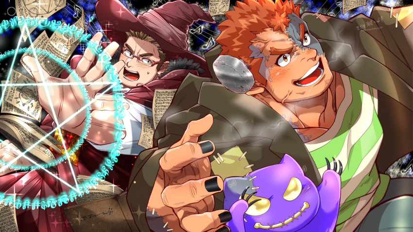 2boys bad_hands black_background black_nails blue_background bolt book brown_eyes brown_hair commentary_request cosplay creature devil_(housamo) frankenstein's_monster frankenstein's_monster_(cosplay) glasses hat highres kizami_nori_to_yamaimo magic magic_circle male_focus mole mole_under_eye multicolored_background multiple_boys muscular muscular_male musical_note open_mouth pages rimless_eyewear shiro_(housamo) short_hair sideburns smile staff_(music) stitched_face sweatdrop thick_eyebrows tokyo_afterschool_summoners upper_body wizard wizard_hat