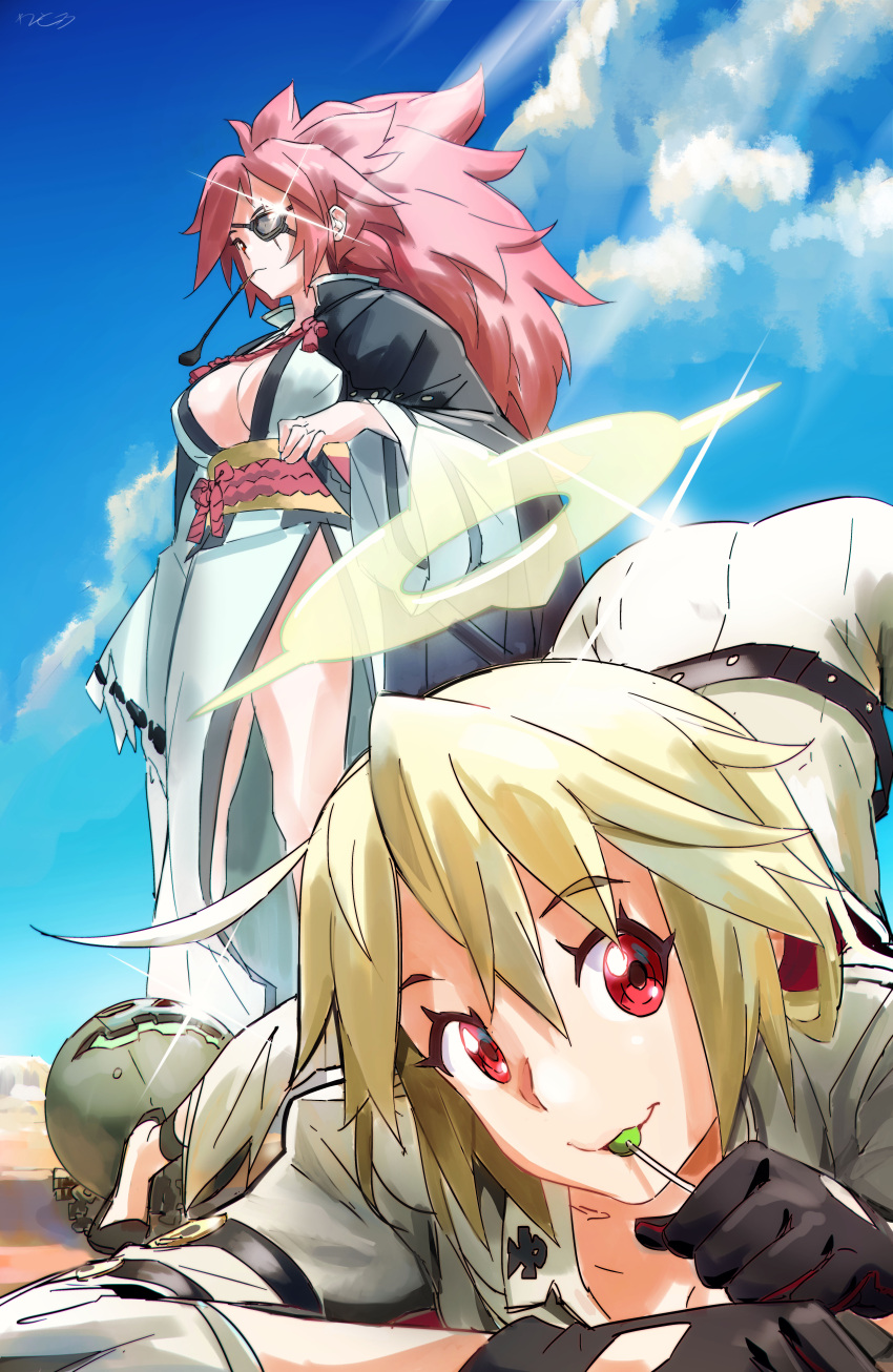 2girls absurdres baiken bangs blonde_hair bodysuit breasts candy clouds eyepatch food gloves guilty_gear guilty_gear_xrd hair_between_eyes halo highres holding holding_candy holding_food holding_lollipop jack-o'_valentine japanese_clothes kimono large_breasts letro lollipop long_hair looking_at_viewer mouth_hold multiple_girls outdoors pink_hair red_eyes scar scar_across_eye sky sparkle standing top-down_bottom-up wide_sleeves