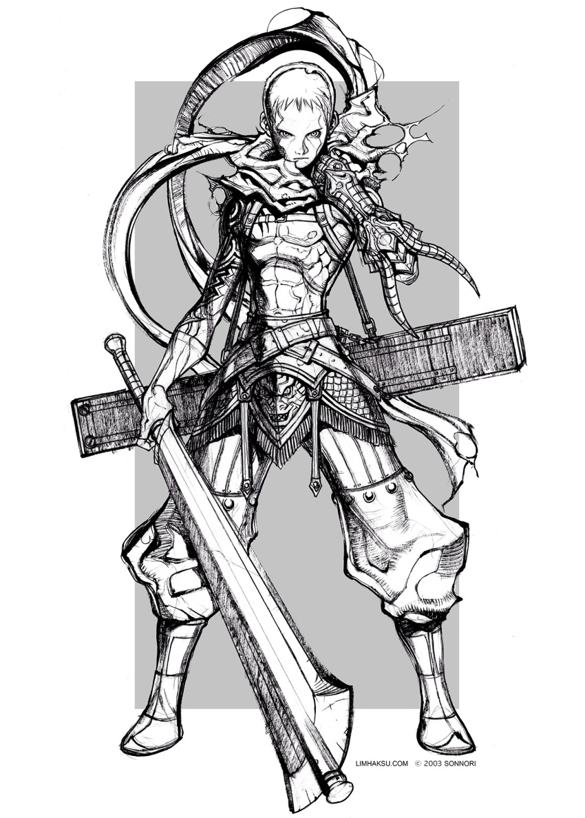 1boy belt boots closed_mouth commentary diren english_commentary full_body gauntlets greyscale highres holding holding_sword holding_weapon limha_lekan looking_at_viewer male_focus monochrome official_art pants scabbard scarf serious sheath short_hair solo soulless standing sword toned toned_male very_short_hair weapon