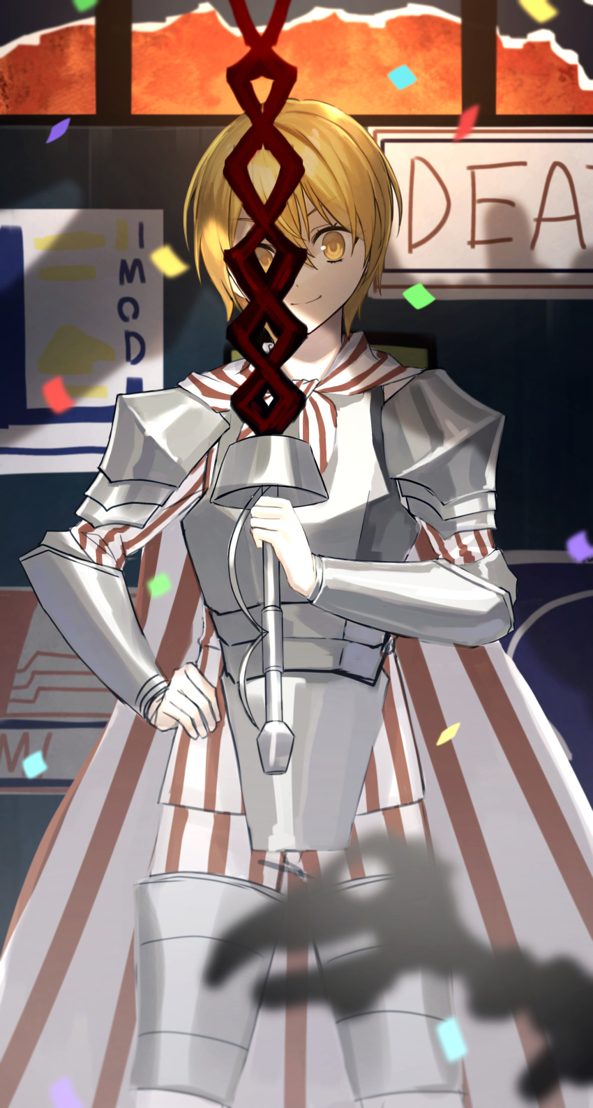 1girl absurdres armor blonde_hair cape closed_mouth don_quixote_(limbus_company) hand_on_hip highres holding holding_weapon lance limbus_company otoshiro_kosame pants polearm project_moon shirt short_hair striped striped_cape striped_pants striped_shirt weapon yellow_eyes