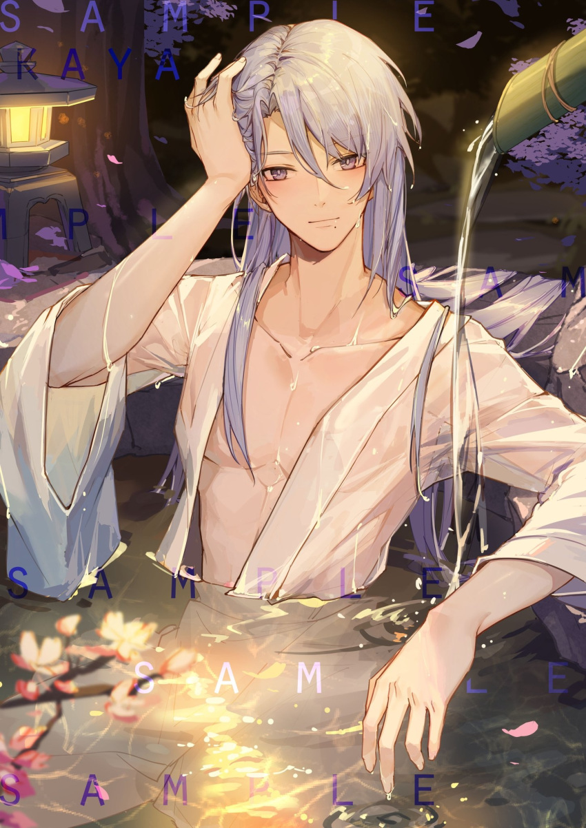1boy alternate_hair_length alternate_hairstyle artist_name bamboo bangs bathing branch closed_mouth genshin_impact hand_on_own_head highres kamisato_ayato kotatsu_kaya lantern long_hair looking_at_viewer male_focus mole mole_under_mouth night outdoors partially_submerged pectorals petals purple_hair sample_watermark sitting solo toned toned_male violet_eyes water wet wet_clothes wide_sleeves