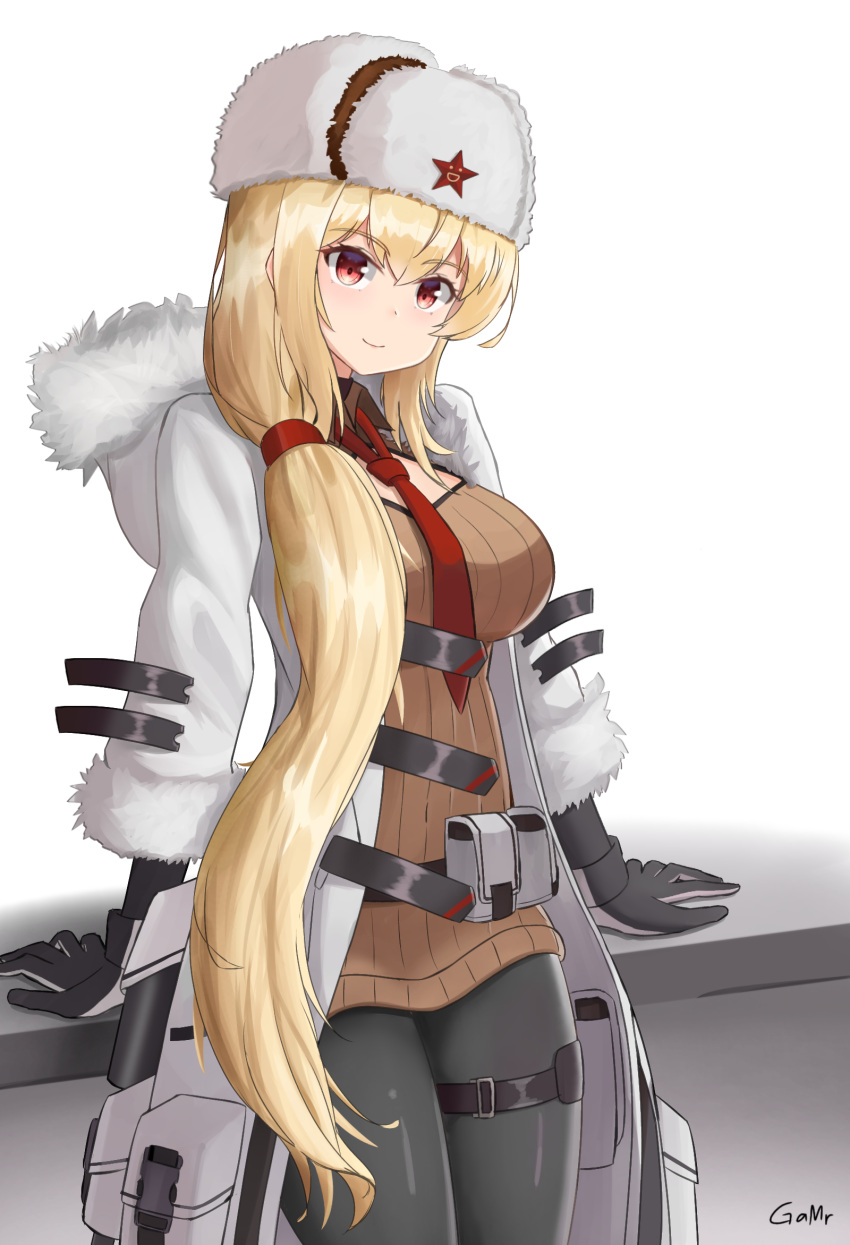 1girl arms_behind_back artist_name bangs belt_bag black_gloves black_legwear blonde_hair blush breasts brown_sweater closed_mouth coat cosplay english_commentary eyebrows_visible_through_hair feet_out_of_frame fur-trimmed_coat fur-trimmed_sleeves fur_trim gamryous girls_frontline gloves hat hat_ornament highres long_hair long_sleeves looking_at_viewer medium_breasts mod3_(girls'_frontline) mosin-nagant_(girls'_frontline) mosin-nagant_(girls'_frontline)_(cosplay) necktie open_clothes open_coat pantyhose papakha red_eyes red_necktie red_star smile solo standing star_(symbol) star_hat_ornament sv-98_(girls'_frontline) sweater white_background white_coat white_headwear