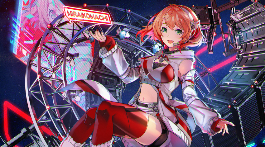 1girl bandai_namco black_nails boots character_name cleavage_cutout clothing_cutout coat commentary detached_sleeves framed_breasts green_eyes headphones headset highres hologram ishikawa_tamami knee_boots machinery midriff mirai_komachi navel official_art orange_hair red_legwear red_nails red_sleeves ribbed_sleeves scanlines short_hair sitting sleeveless_coat solo space speaker star_(sky) thigh-highs vocaloid white_coat white_sleeves