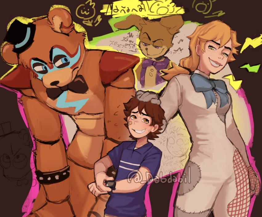 1girl 3boys animal_ears animal_robot bandaid bandaid_on_cheek bandaid_on_face bear_ears blonde_hair blue_shirt bracelet brown_hair dabi_bill false_smile five_nights_at_freddy's five_nights_at_freddy's:_security_breach freddy_fazbear glamrock_freddy glaring green_eyes gregory_(fnaf) hat highres jewelry medium_hair mini_hat mini_top_hat multiple_boys ponytail robot shirt short_hair spiked_bracelet spikes top_hat vanessa_(fnaf) vanny_(fnaf) watch watch william_afton