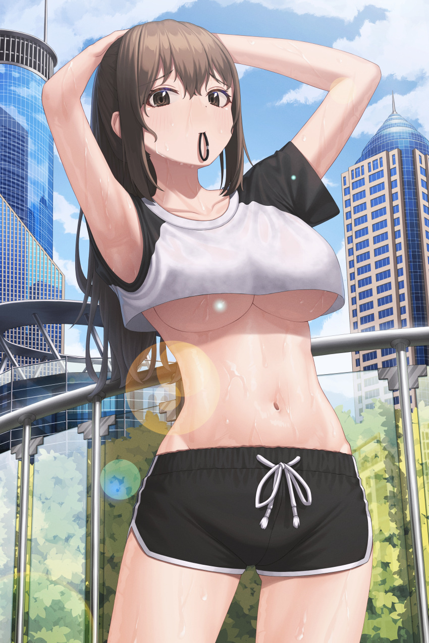 1girl absurdres armpits arms_behind_head arms_up bare_arms bintz black_eyes black_shorts breasts brown_hair building cityscape collarbone cowboy_shot crop_top crop_top_overhang day dolphin_shorts hair_tie_in_mouth highres large_breasts long_hair looking_at_viewer midriff mouth_hold navel original outdoors shirt short_shorts short_sleeves shorts skyscraper solo standing stomach sweat thighs under_boob white_shirt