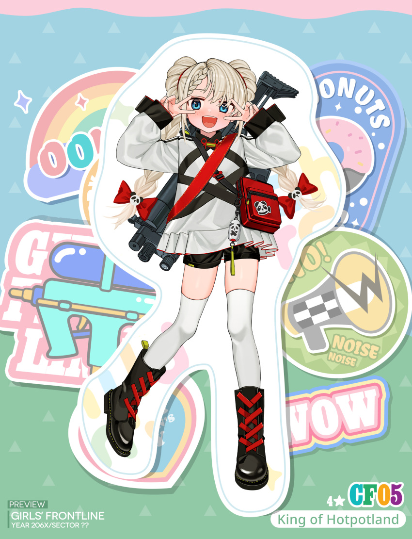1girl arms_up bangs black_footwear black_shorts blonde_hair blush boots bow braid braided_bun cf-05 cf05_(girls'_frontline) cf05_(king_of_hotpotland)_(girls'_frontline) character_name copyright_name double_bun english_commentary english_text eyebrows_visible_through_hair full_body girls_frontline gun hair_bow hair_ribbon highres jacket long_hair long_sleeves looking_at_viewer luicent official_alternate_costume official_art open_mouth promotional_art red_bag red_bow red_ribbon ribbon shorts smile solo standing submachine_gun teeth thigh-highs twin_braids upper_teeth v weapon weapon_on_back white_jacket white_legwear younger