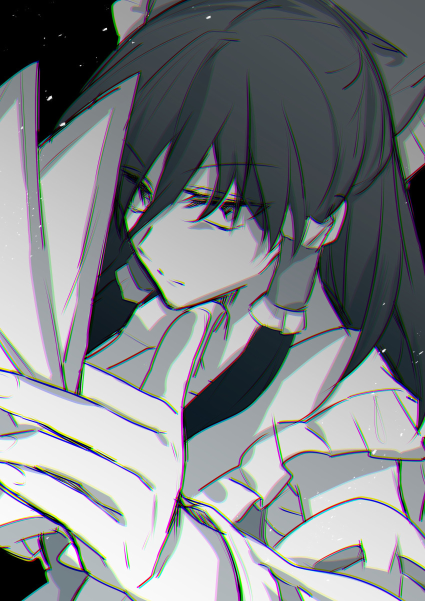 1girl absurdres bangs between_fingers black_background bow chromatic_aberration closed_mouth eyebrows_visible_through_hair fuko_(fukkofuko) hair_bow hair_tubes hakurei_reimu highres looking_at_viewer monochrome sidelocks simple_background solo touhou upper_body