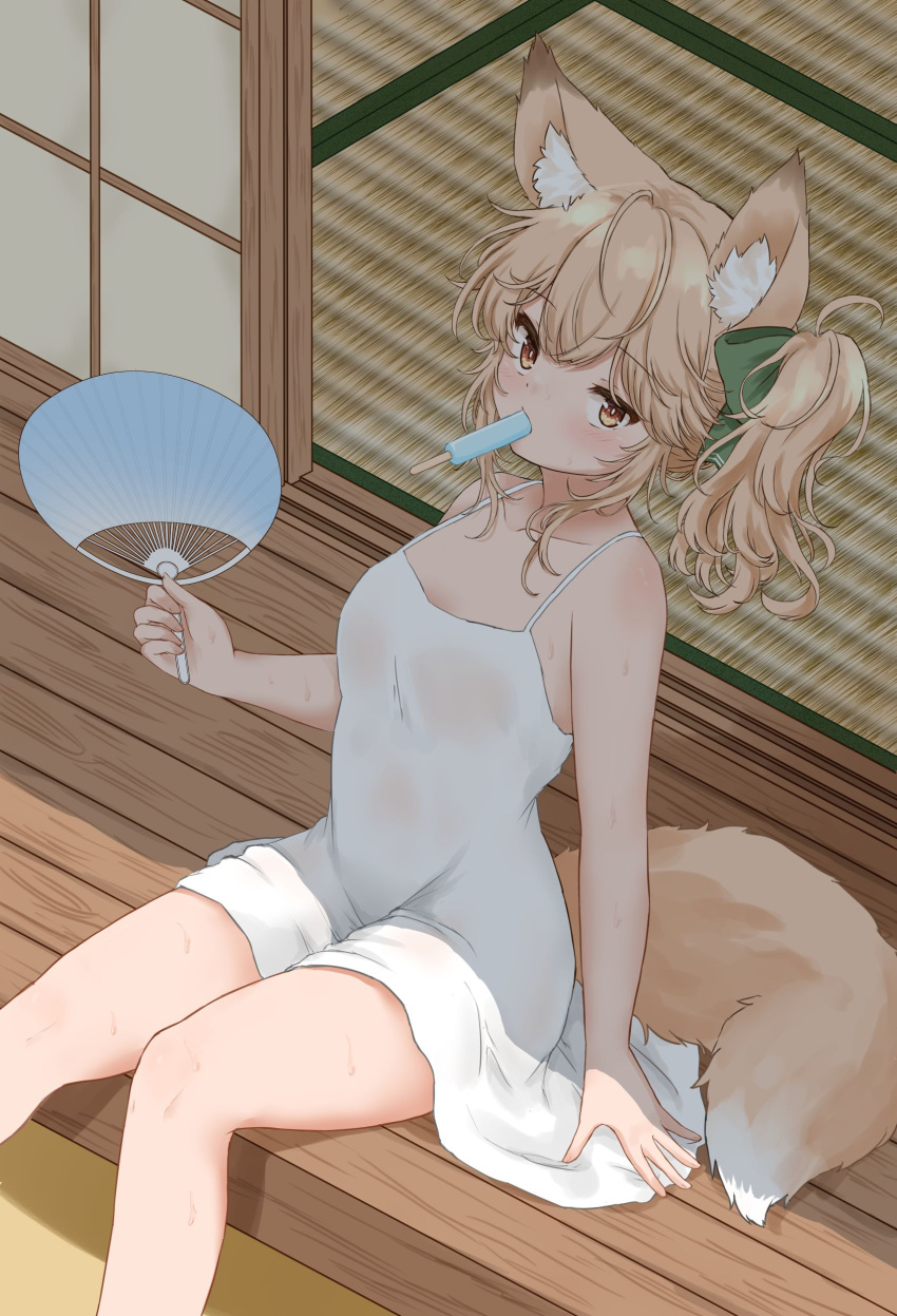 1girl absurdres animal_ears blonde_hair brown_eyes dress fox_ears fox_girl fox_tail hair_ribbon hand_fan highres hot lily_(pixiv_18195067) medium_hair mouth_hold original paper_fan popsicle_in_mouth ribbon sitting sleeveless sleeveless_dress sliding_doors sundress sweat tail tatami uchiwa white_dress