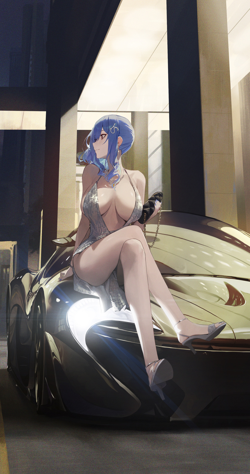 1girl absurdres azur_lane backless_dress backless_outfit bag bangs bare_legs bare_shoulders blue_hair breasts breasts_apart car closed_mouth crossed_legs dress earrings evening_gown eyebrows_visible_through_hair full_body glint grey_dress grey_footwear ground_vehicle halter_dress halterneck handbag headlight high_heels highres holding holding_bag jewelry large_breasts long_hair looking_afar looking_away looking_to_the_side mclaren mclaren_p1 midriff modare motor_vehicle nail_polish necklace official_alternate_costume on_vehicle outdoors pillar plunging_neckline product_placement profile red_eyes revealing_clothes side_ponytail sitting sitting_on_car solo sports_car st._louis_(azur_lane) st._louis_(luxurious_wheels)_(azur_lane) toenail_polish toenails wavy_hair