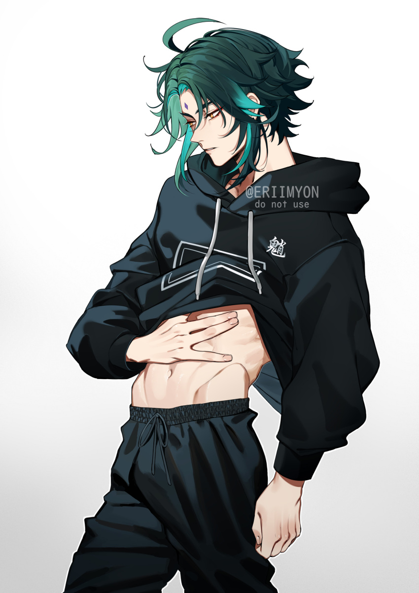 1boy abs absurdres ahoge clothes_lift eriimyon genshin_impact green_hair highres hood hoodie looking_down multicolored_hair shirt_lift solo sweater twitter_username white_background xiao_(genshin_impact) yellow_eyes