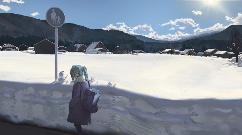 1girl absurdres bare_tree blue_coat blue_eyes blue_hair blue_sky cinderella_(vocaloid) clouds coat glasses hands_in_pockets hatsune_miku highres house long_hair mon2nd mountain mountainous_horizon road road_sign scarf scenery sign sky snow solo tree twintails vocaloid walking white_scarf