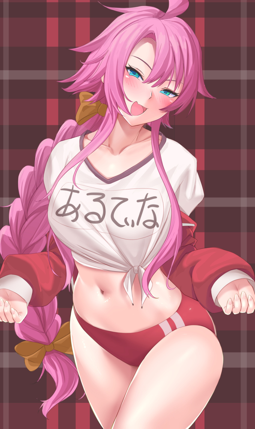 1girl :d ahoge artina_(disgaea) bangs blue_eyes blush bow braid breasts brown_bow buruma collarbone commentary_request disgaea eyebrows_visible_through_hair gym_shirt gym_uniform hair_between_eyes hair_bow head_tilt highres jacket long_hair long_sleeves looking_at_viewer medium_breasts name_tag navel off_shoulder open_clothes open_jacket parted_bangs pink_hair plaid plaid_background puffy_long_sleeves puffy_sleeves ratsuku_kinoko red_buruma red_jacket shirt single_braid sleeves_past_wrists smile solo tied_shirt very_long_hair
