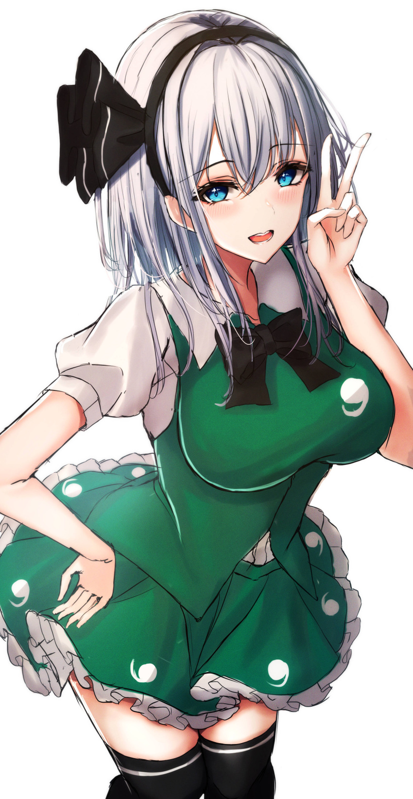 .me 1girl absurdres bangs black_bow black_bowtie black_hairband black_legwear black_ribbon blue_eyes blush bow bowtie breasts collared_shirt eyebrows_visible_through_hair frills ghost_print green_skirt green_vest grey_hair grey_shirt hair_between_eyes hairband hand_on_hip hand_up highres hitodama_print konpaku_youmu large_breasts looking_at_viewer miniskirt open_mouth puffy_short_sleeves puffy_sleeves ribbon shirt short_hair short_sleeves simple_background skirt smile solo standing teeth thigh-highs tongue touhou v vest white_background