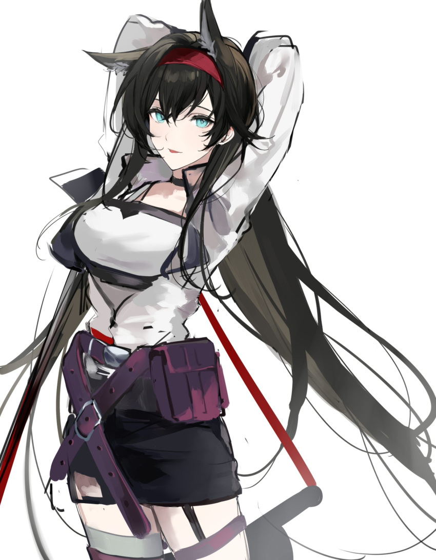 1girl :p animal_ears arknights arms_behind_head black_hair black_skirt blaze_(arknights) blue_eyes cat_ears cowboy_shot extra_ears hair_between_eyes highres jacket joshua_(shisanli934) long_hair long_sleeves looking_at_viewer shirt simple_background skirt solo thigh-highs tongue tongue_out very_long_hair white_background white_jacket white_legwear white_shirt