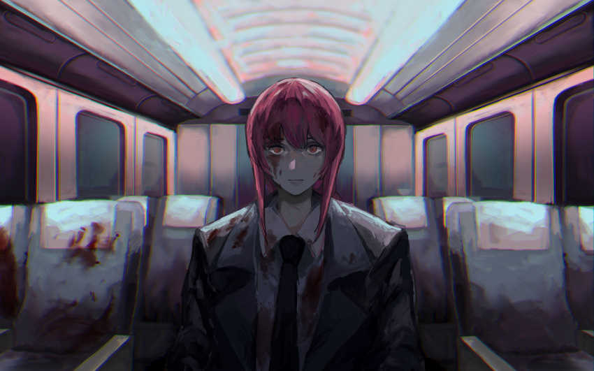 1girl absurdres aircraft airplane airplane_interior bangs black_coat black_necktie blood blood_on_clothes blood_on_face blood_stain chainsaw_man coat collared_shirt glitch highres makima_(chainsaw_man) necktie redhead ringed_eyes ruyu0022 shirt sinister solo standing white_shirt window