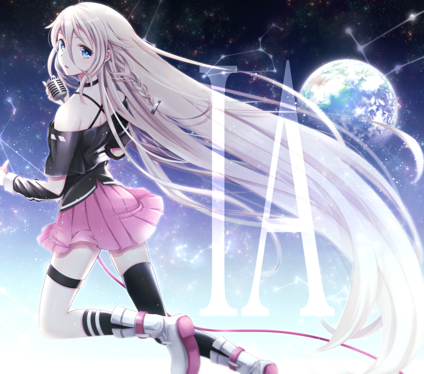 1girl absurdly_long_hair asymmetrical_legwear bangs blonde_hair blue_eyes boots braid character_name choker clothing_cutout constellation criss-cross_halter earth_(planet) eyebrows_visible_through_hair floating from_behind hair_flaps hair_ornament halterneck highres holding holding_microphone ia_(vocaloid) kneehighs long_bangs long_hair long_sleeves looking_at_viewer looking_back microphone microphone_cord microphone_stand off-shoulder_shirt off_shoulder parted_lips planet pleated_skirt shirt shoulder_cutout single_thighhigh skirt sky socks solo space star_(sky) starry_sky thigh-highs thigh_strap very_long_hair vocaloid yamagara