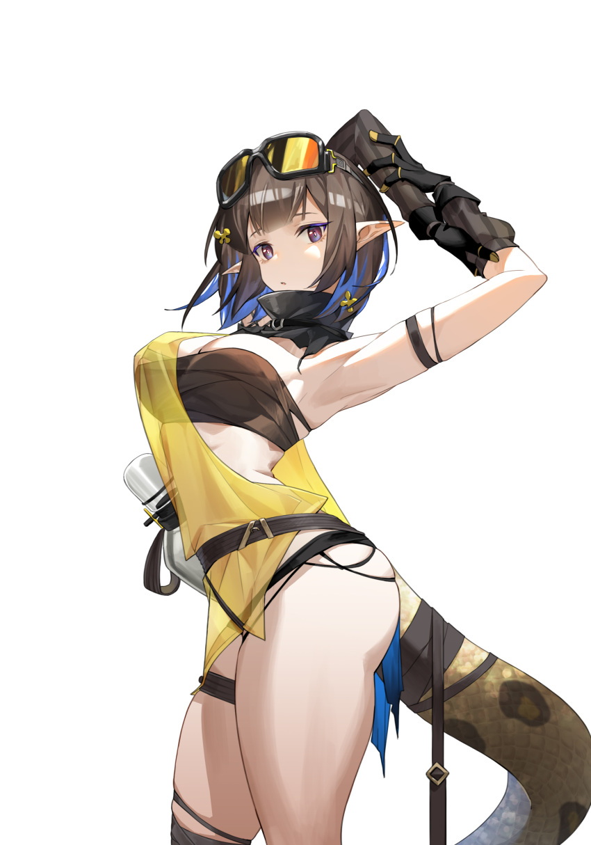 1girl absurdres arknights armpits arms_up bandeau bangs black_gloves black_hair blue_eyes breasts commentary_request cowboy_shot eunectes_(arknights) gloves goggles goggles_on_head highres large_breasts looking_at_viewer mumu_(leelee_mumu) pointy_ears sarashi see-through short_hair simple_background snake_tail solo standing strapless tail thighs tube_top white_background