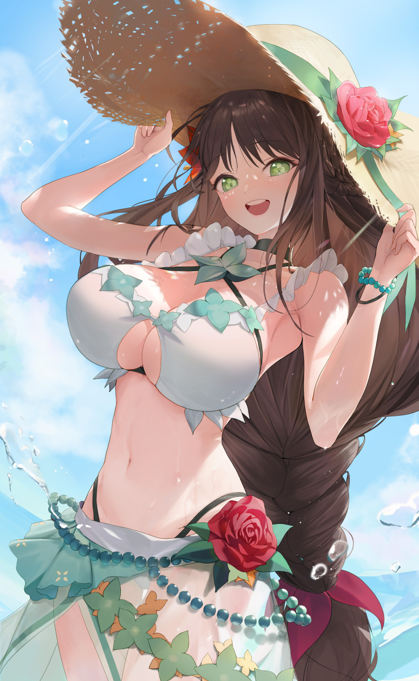 1girl absurdres bikini black_survival braid breasts brown_hair clothing_cutout cowboy_shot eternal_return:_black_survival flower flower_bikini green_eyes gweon_sua hair_ribbon hat hat_flower highleg highleg_bikini highres large_breasts long_hair multi-strapped_bikini official_alternate_costume open_mouth ribbon sarong solo sun_hat swimsuit takealook teeth under_boob underboob_cutout upper_teeth very_long_hair