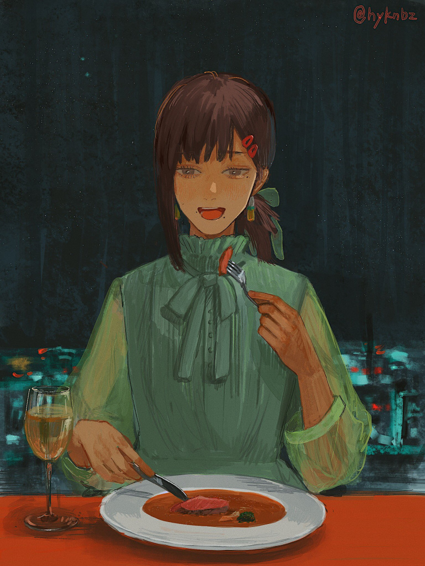 1girl bangs black_hair chainsaw_man city_lights dinner earrings eating food fork fuyukonbu glass hair_ornament hair_ribbon hairclip happy higashiyama_kobeni highres holding holding_fork holding_knife jewelry knife long_sleeves looking_at_object looking_at_viewer looking_down meat mole mole_under_eye mole_under_mouth night open_mouth restaurant ribbon see-through see-through_sleeves short_hair single_sidelock sitting solo twitter_username window